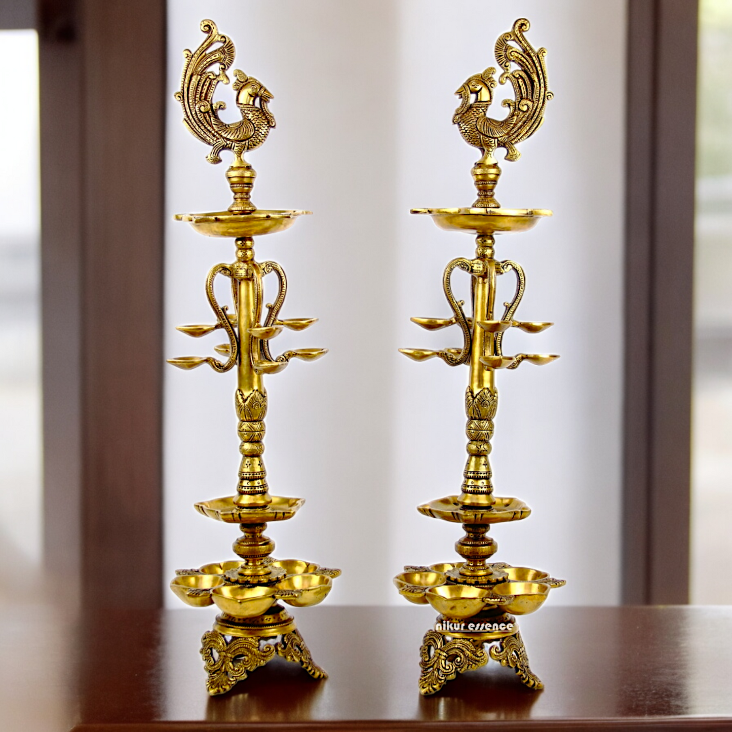 Shop Large Brass Peacock Diya Pair - 27.5 inches Nikuressence