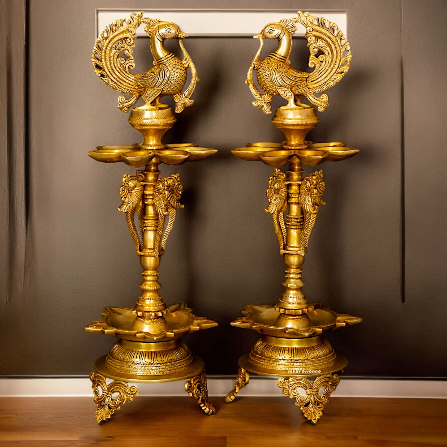 Buy Solid Brass Pair Peacock diya - 23 inches Nikuressence