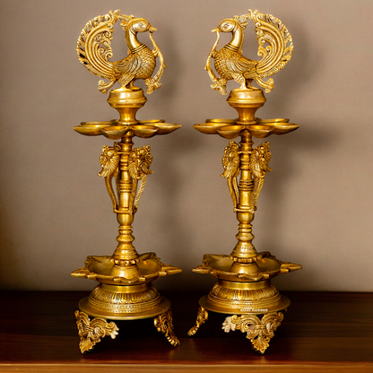 Buy Solid Brass Pair Peacock diya - 23 inches Nikuressence
