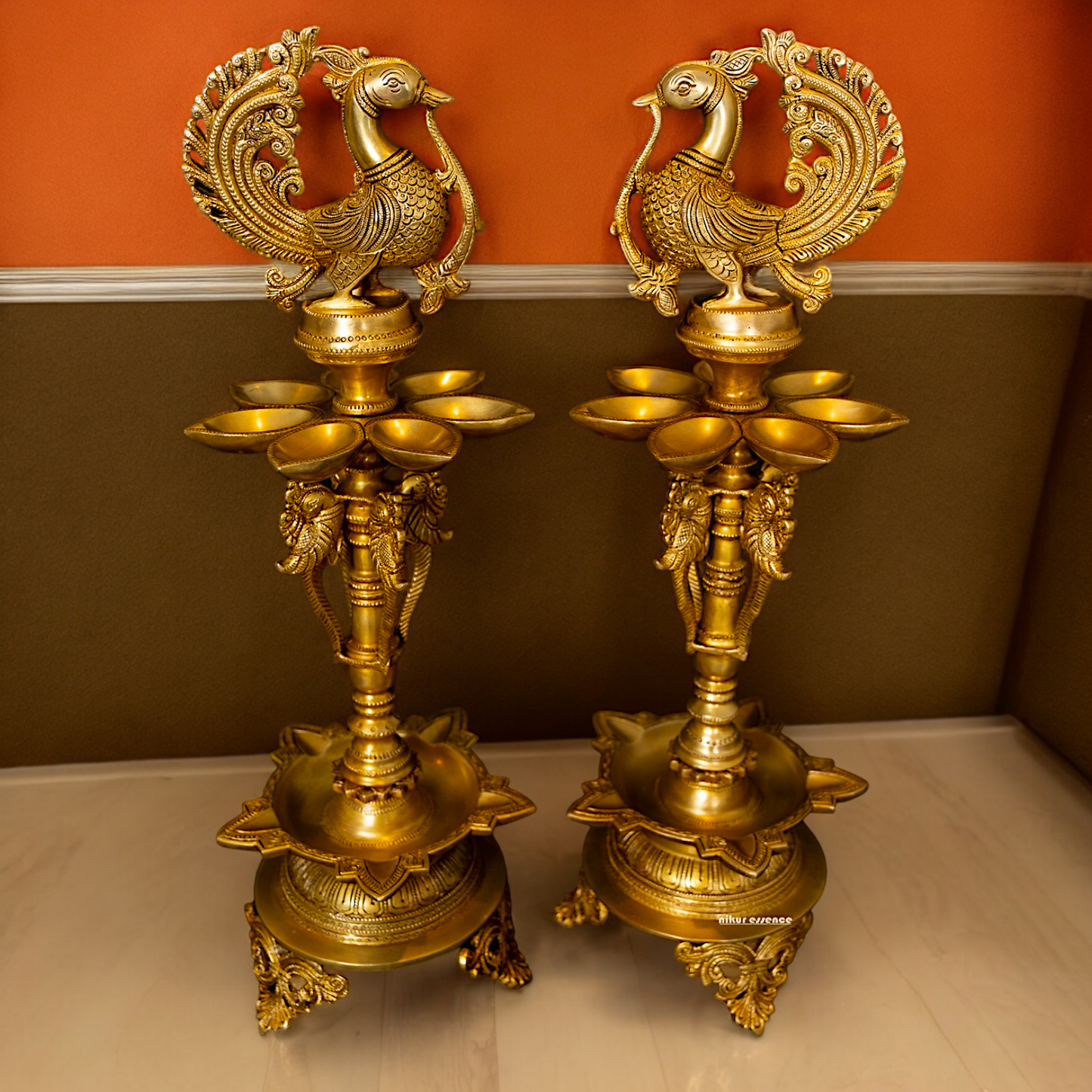 Buy Solid Brass Pair Peacock diya - 23 inches Nikuressence