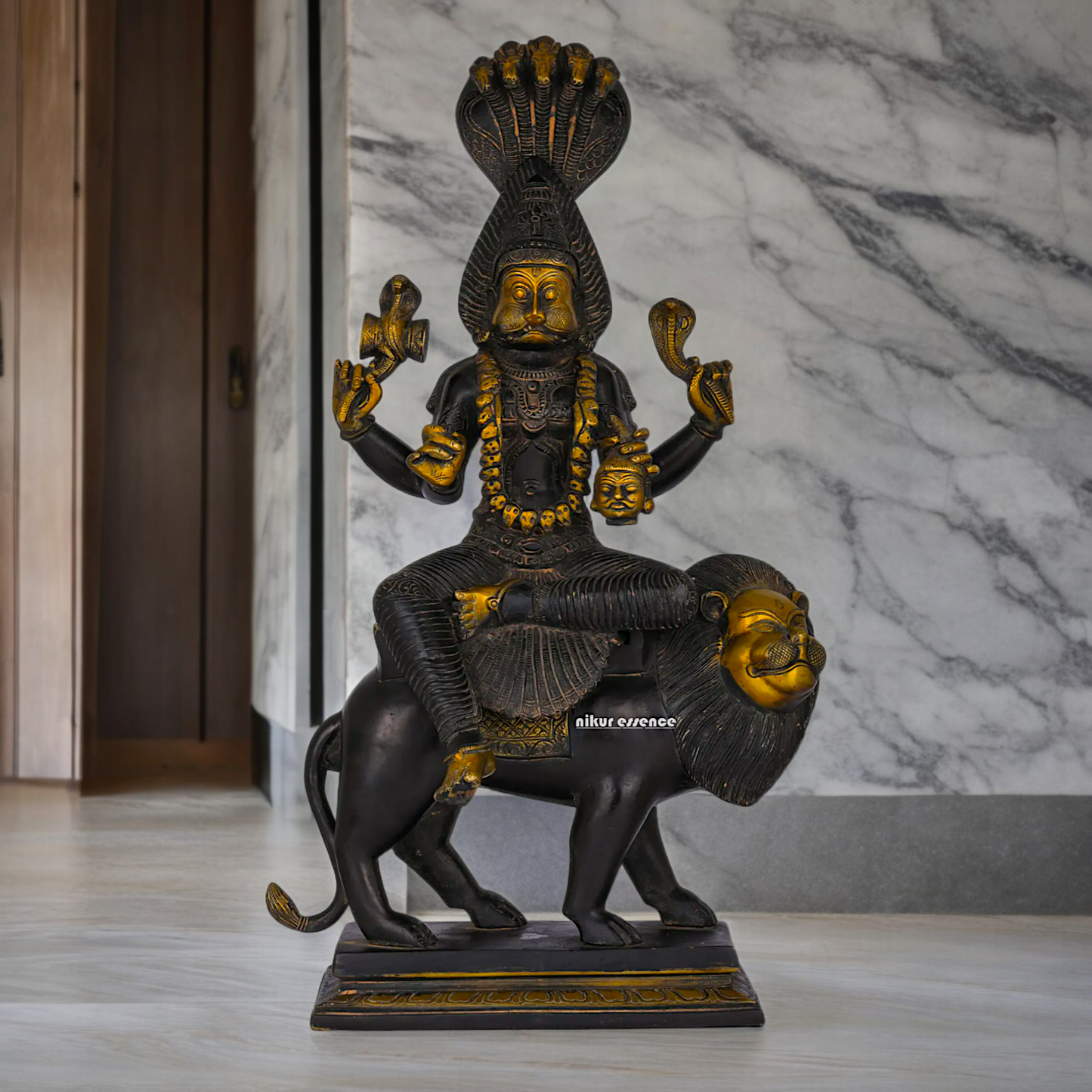 Superfine Brass Black Durga Maa Sitting on Lion with Sheshnag Idol - 19.094 inches Nikuressence