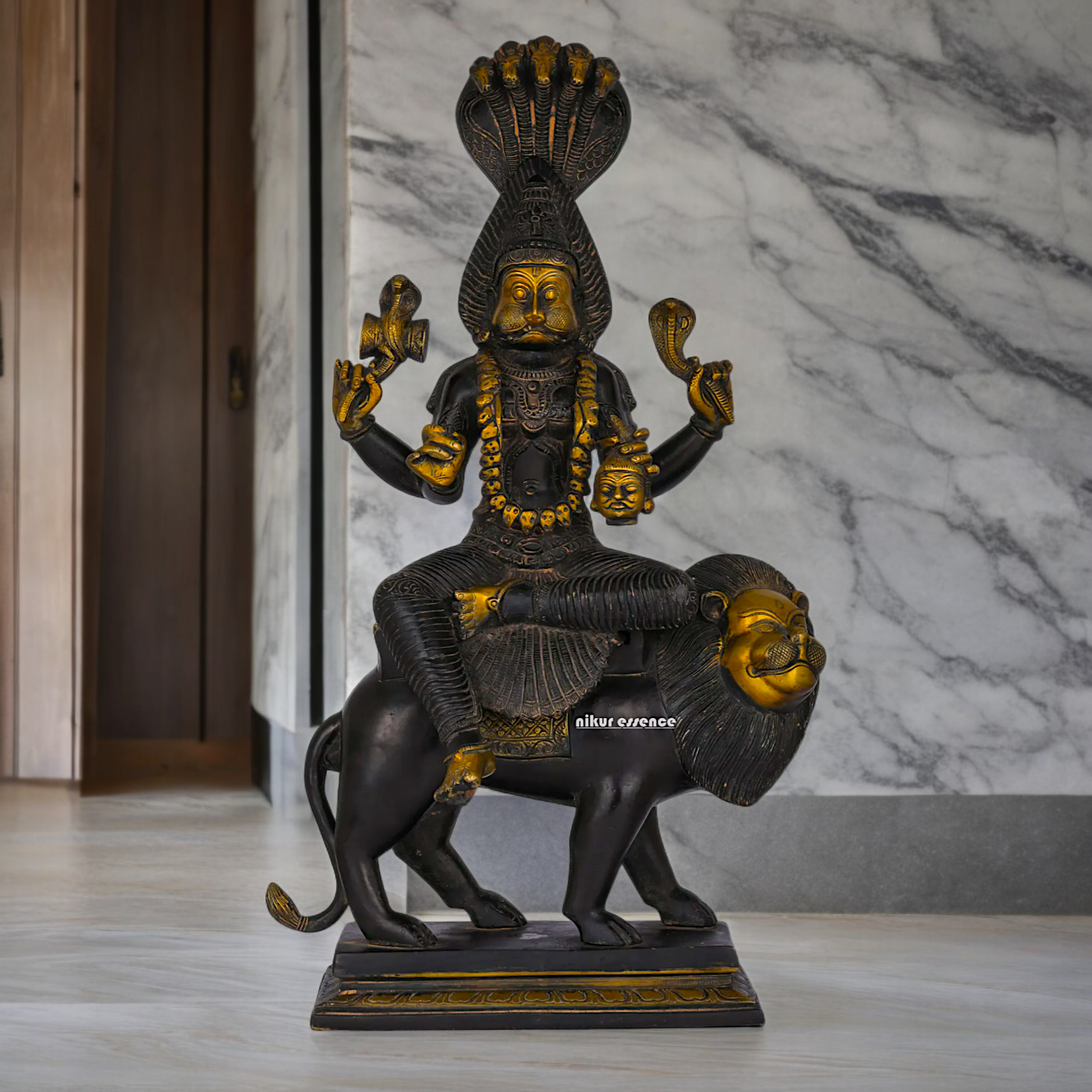 Superfine Brass Black Durga Maa Sitting on Lion with Sheshnag Idol - 19.094 inches Nikuressence