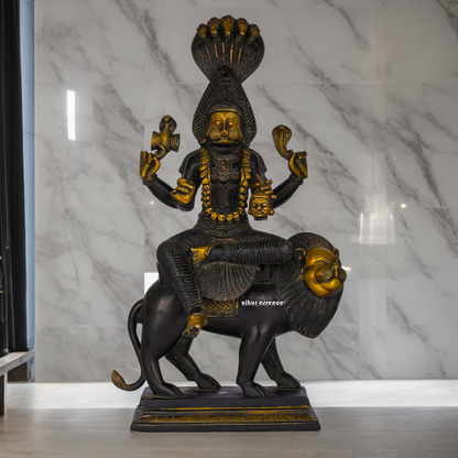Superfine Brass Black Durga Maa Sitting on Lion with Sheshnag Idol - 19.094 inches Nikuressence