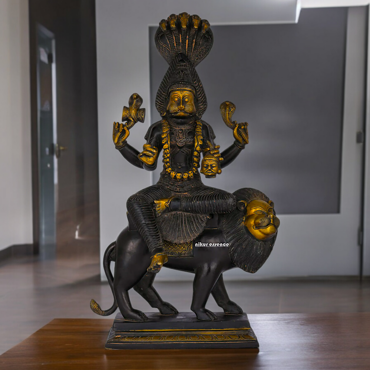 Superfine Brass Black Durga Maa Sitting on Lion with Sheshnag Idol - 19.094 inches Nikuressence