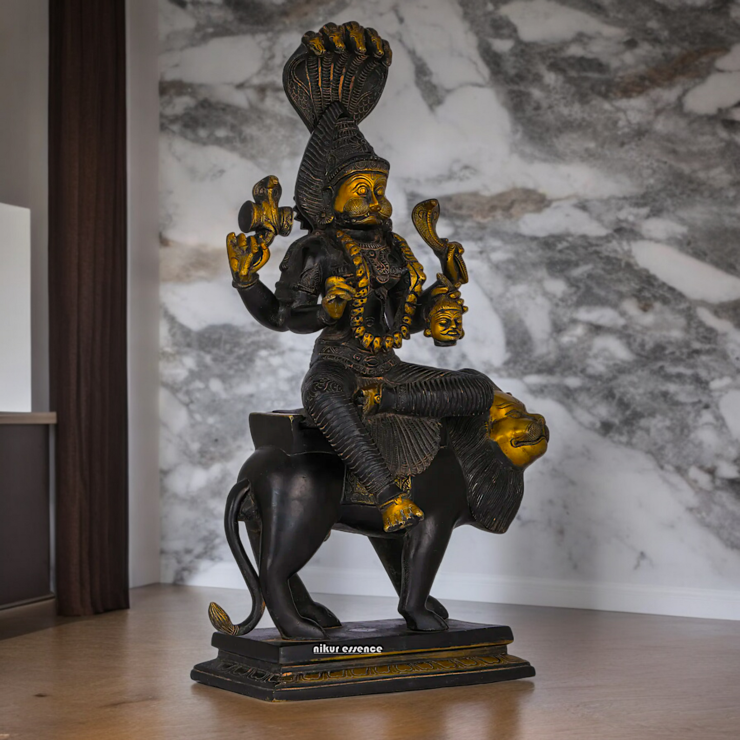 Superfine Brass Black Durga Maa Sitting on Lion with Sheshnag Idol - 19.094 inches Nikuressence