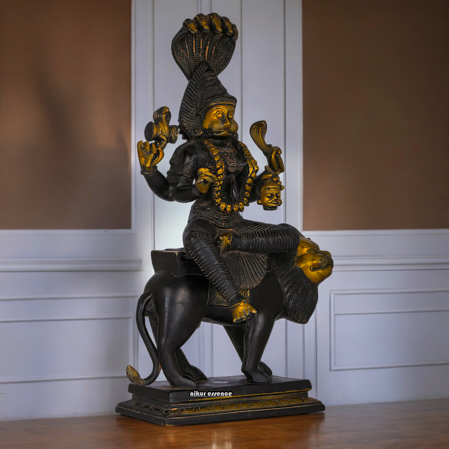 Superfine Brass Black Durga Maa Sitting on Lion with Sheshnag Idol - 19.094 inches Nikuressence