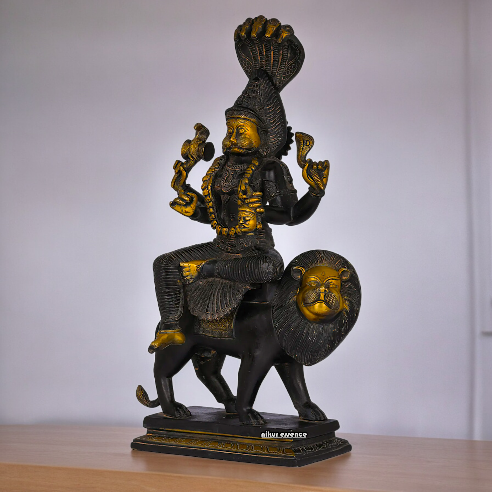 Superfine Brass Black Durga Maa Sitting on Lion with Sheshnag Idol - 19.094 inches Nikuressence