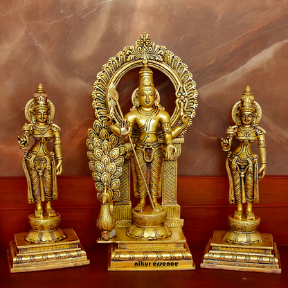 Solid Brass Lord Kartikeya Murugan Swamy with Devasena and Valli Idol Set - 16.5 inches Nikuressence