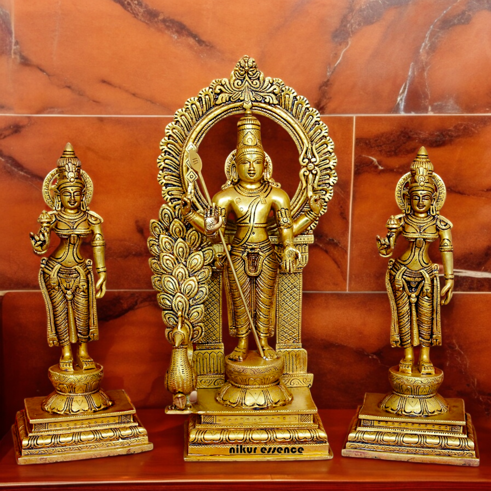 Solid Brass Lord Kartikeya Murugan Swamy with Devasena and Valli Idol Set - 16.5 inches Nikuressence