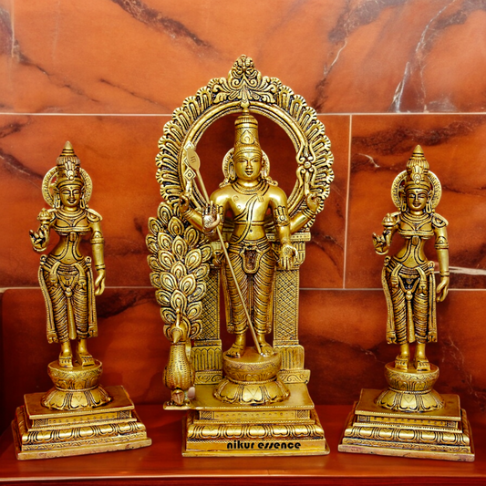 Solid Brass Lord Kartikeya Murugan Swamy with Devasena and Valli Idol Set - 16.5 inches Nikuressence
