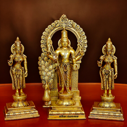 Solid Brass Lord Kartikeya Murugan Swamy with Devasena and Valli Idol Set - 16.5 inches Nikuressence
