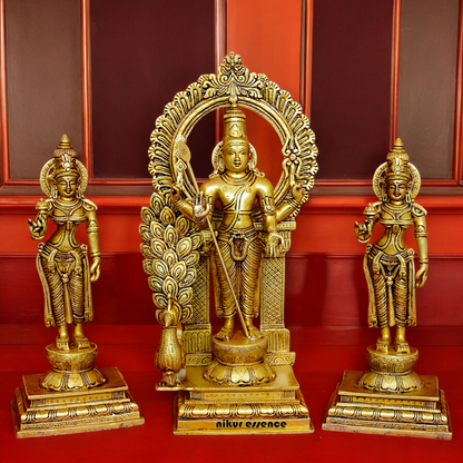 Solid Brass Lord Kartikeya Murugan Swamy with Devasena and Valli Idol Set - 16.5 inches Nikuressence