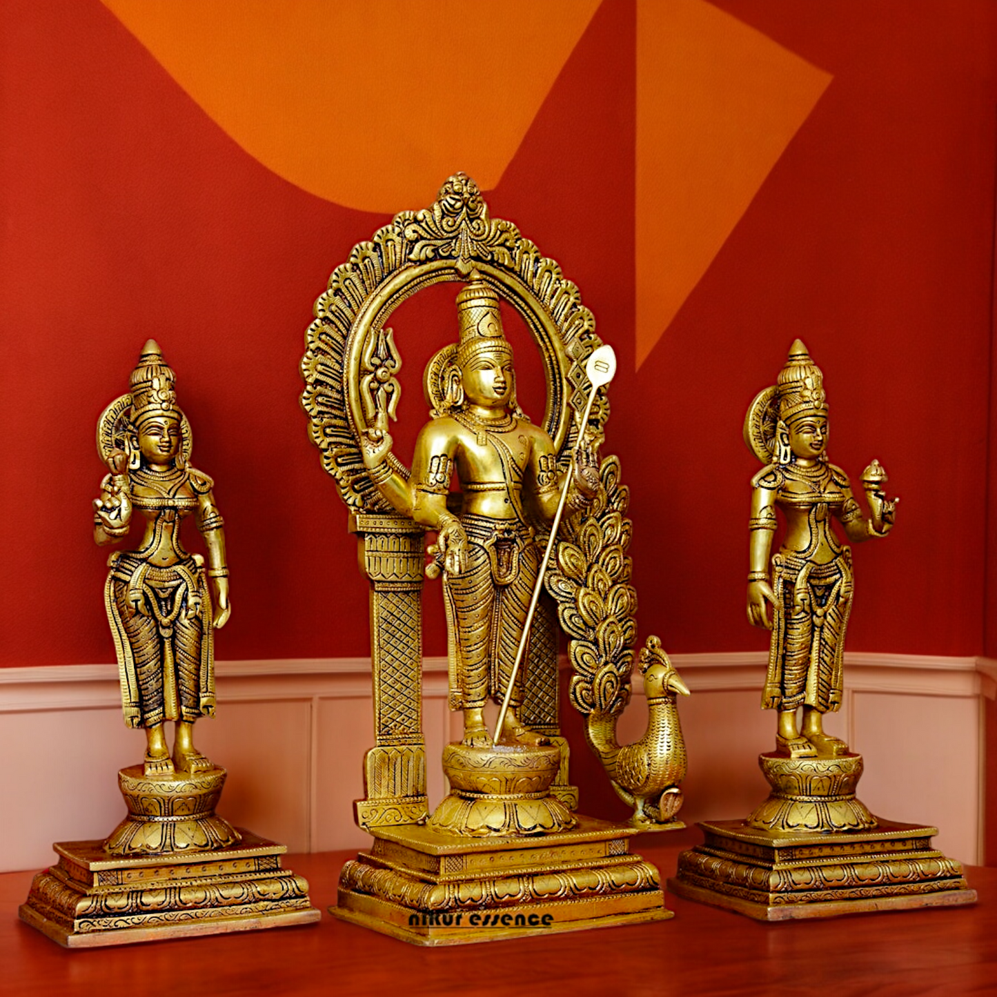 Solid Brass Lord Kartikeya Murugan Swamy with Devasena and Valli Idol Set - 16.5 inches Nikuressence