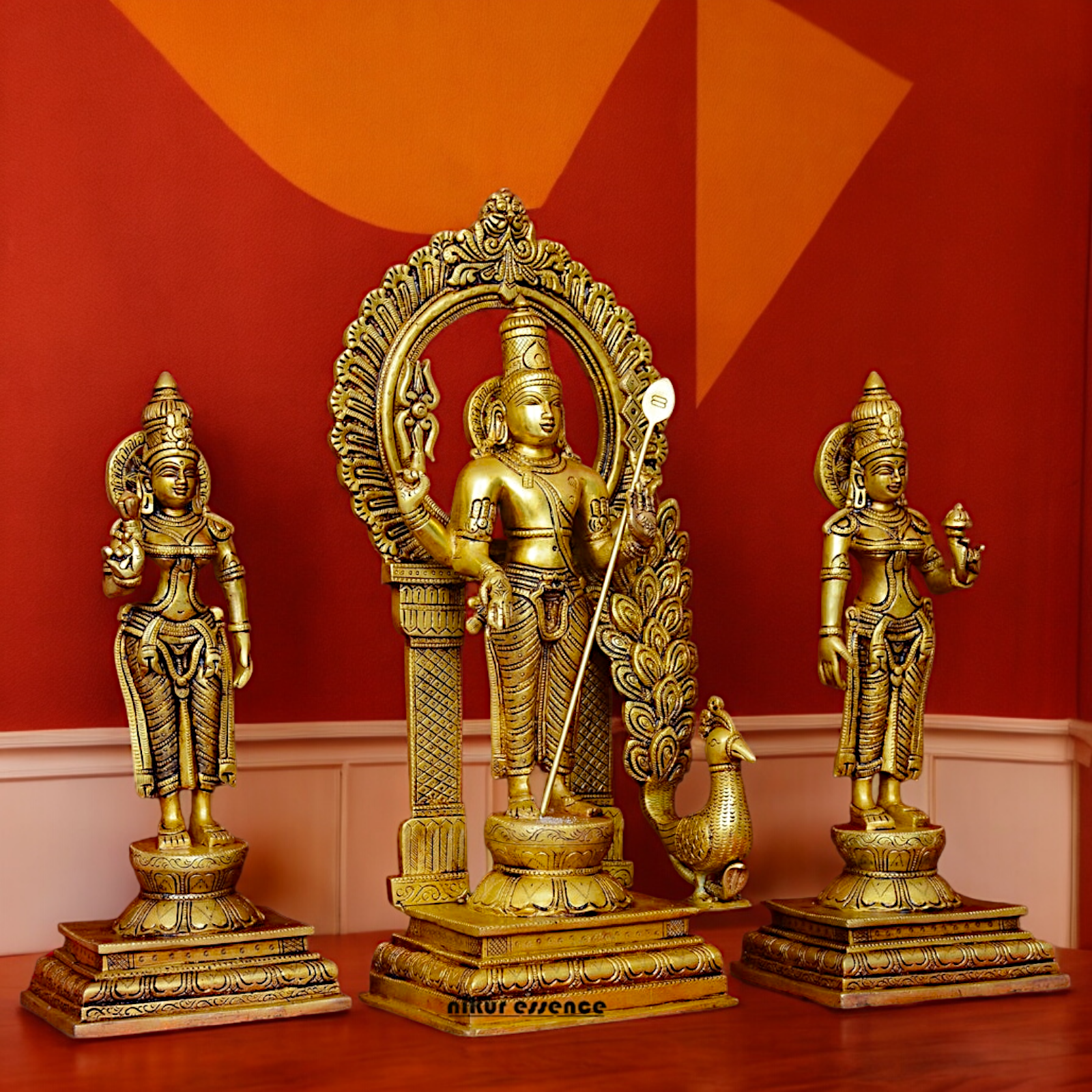 Solid Brass Lord Kartikeya Murugan Swamy with Devasena and Valli Idol Set - 16.5 inches Nikuressence