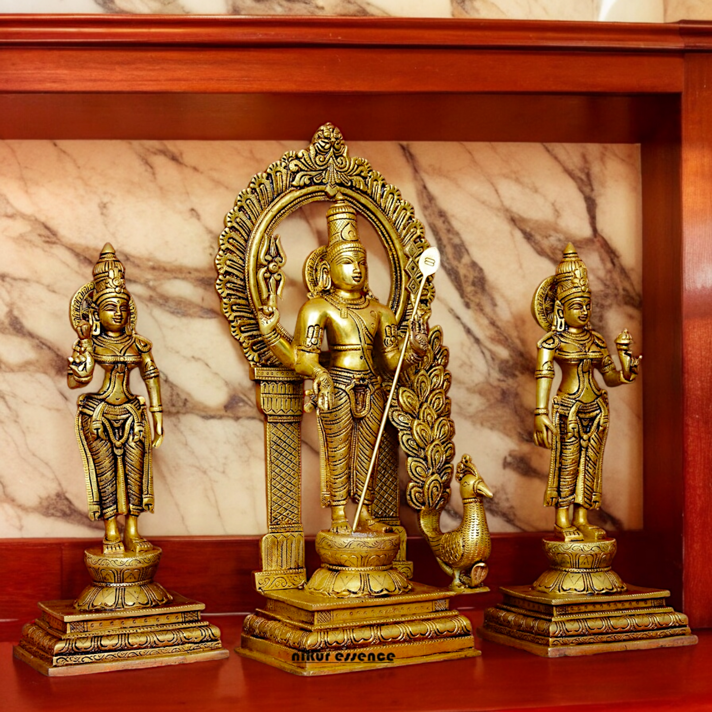 Solid Brass Lord Kartikeya Murugan Swamy with Devasena and Valli Idol Set - 16.5 inches Nikuressence