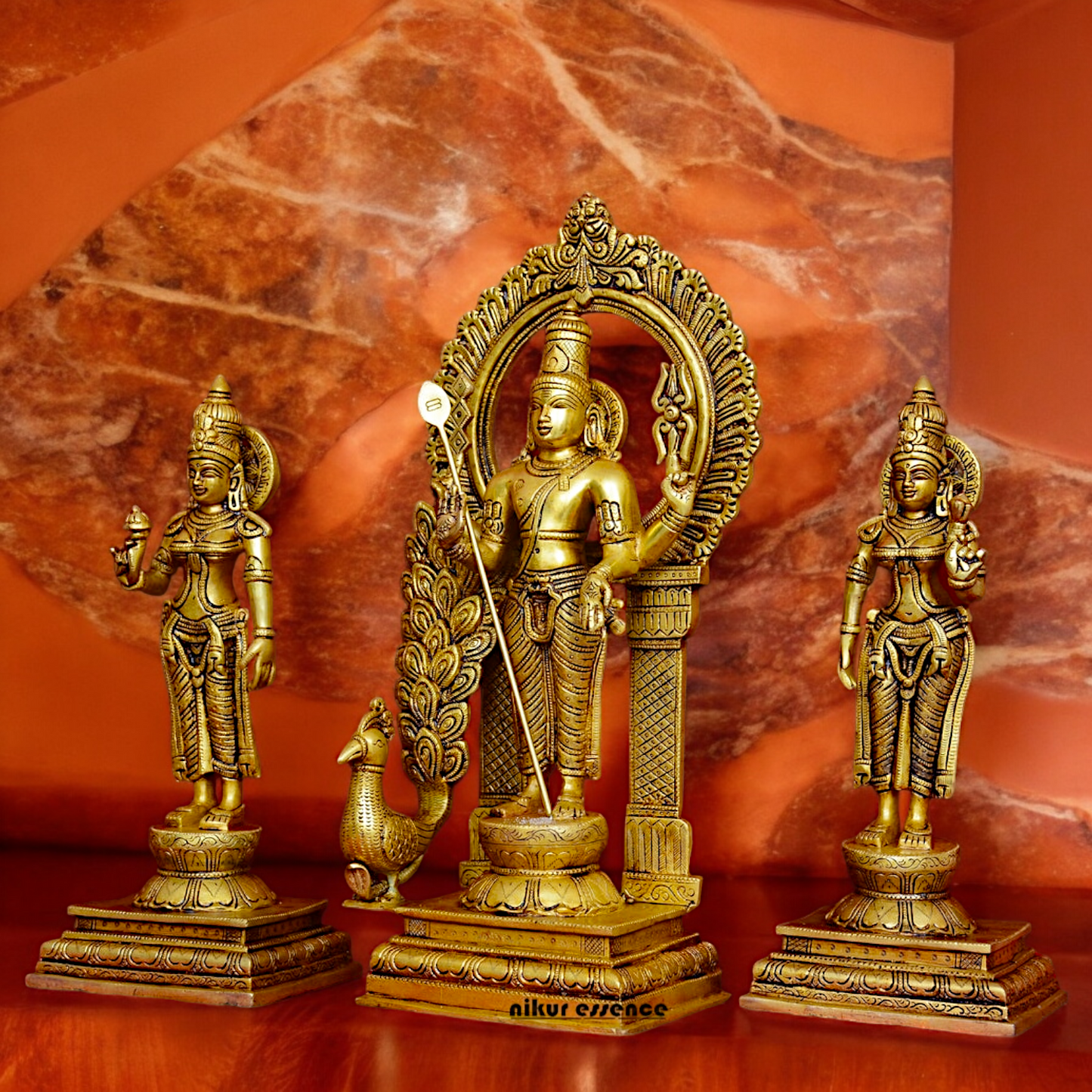 Solid Brass Lord Kartikeya Murugan Swamy with Devasena and Valli Idol Set - 16.5 inches Nikuressence