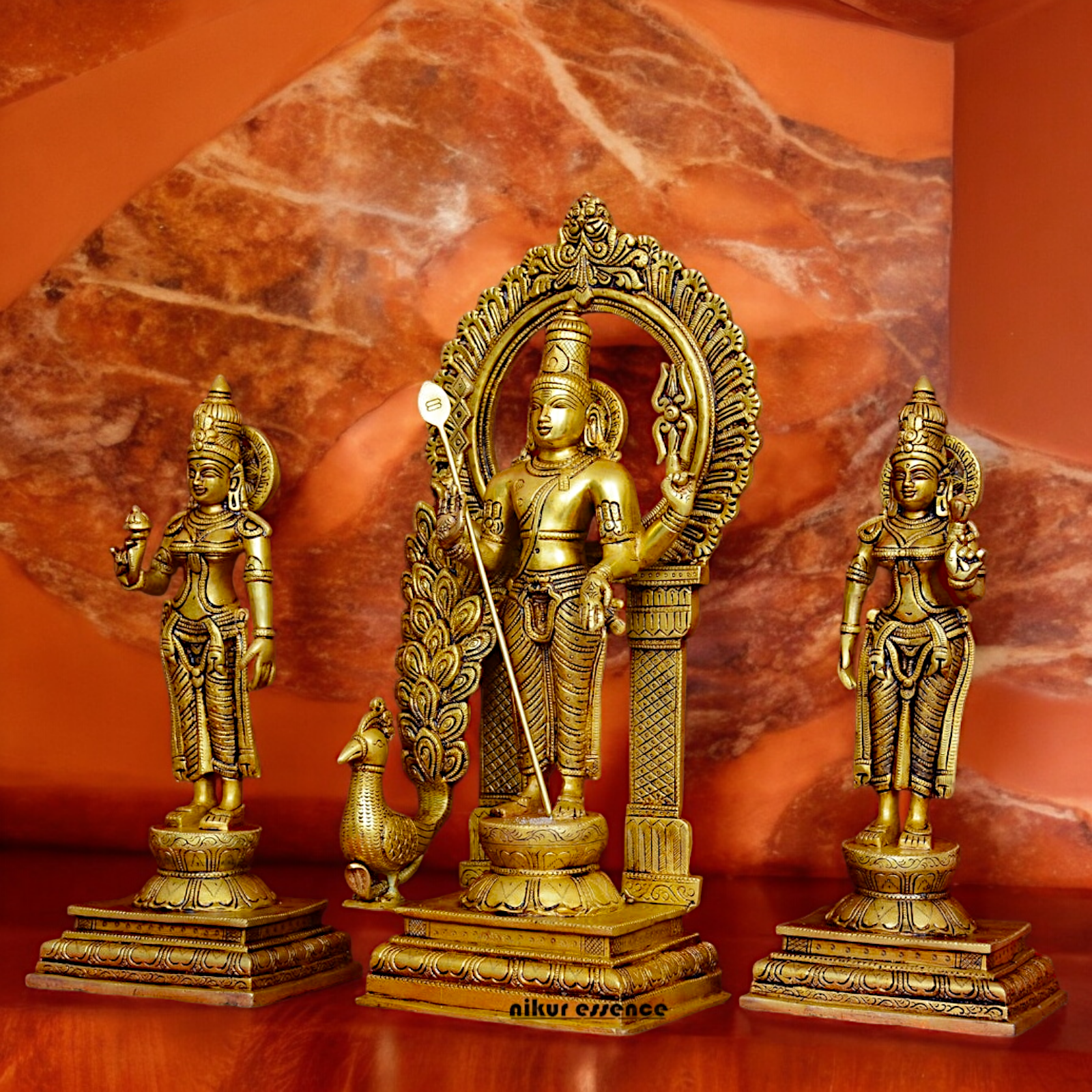 Solid Brass Lord Kartikeya Murugan Swamy with Devasena and Valli Idol Set - 16.5 inches Nikuressence
