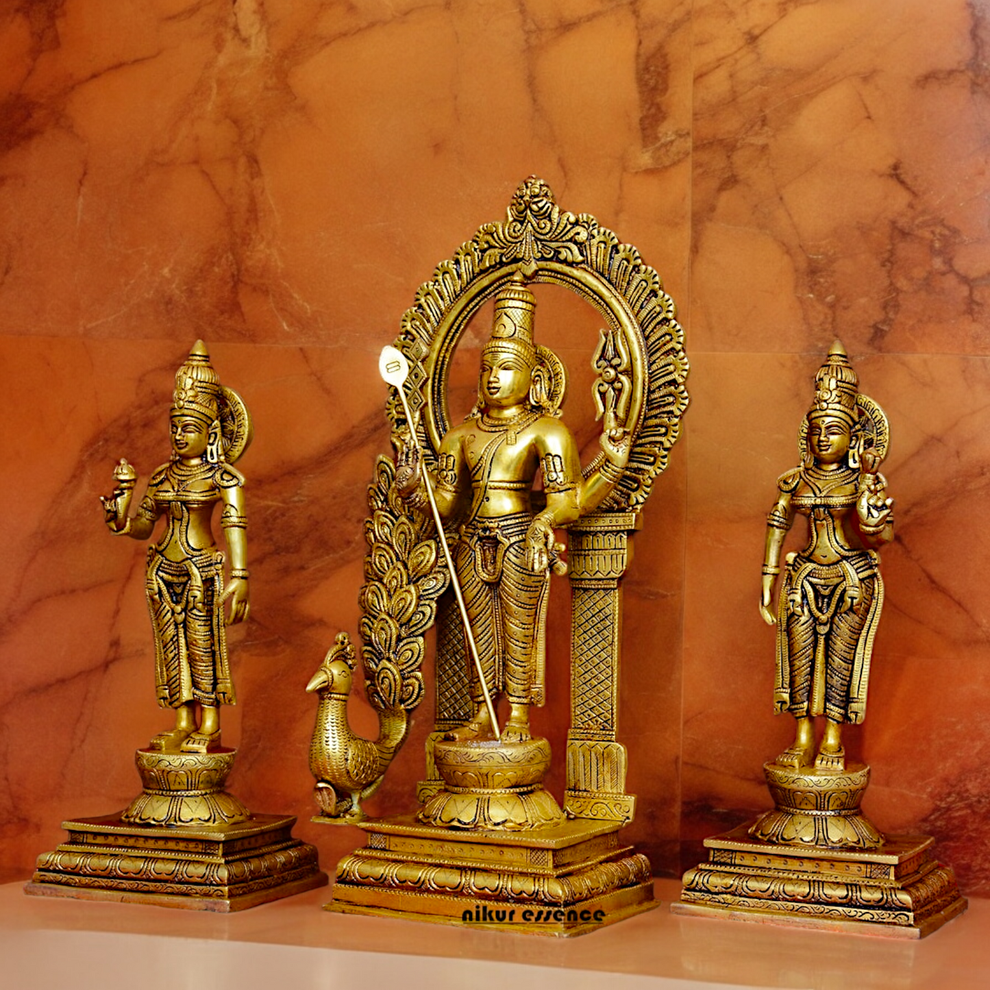 Solid Brass Lord Kartikeya Murugan Swamy with Devasena and Valli Idol Set - 16.5 inches Nikuressence