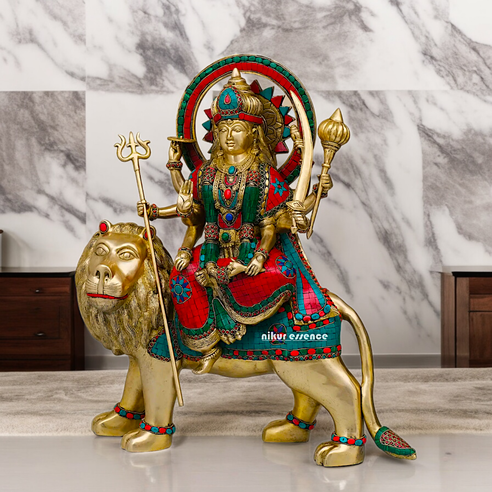 Buy Brass Sherawali Durga Devi Maa Statue with stone work - 56 cm Nikuressence