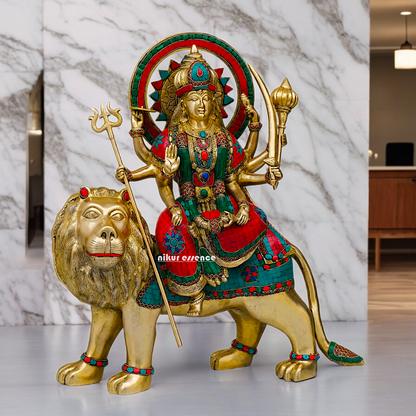 Buy Brass Sherawali Durga Devi Maa Statue with stone work - 56 cm Nikuressence
