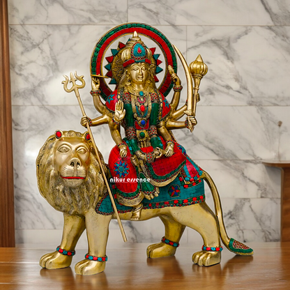 Buy Brass Sherawali Durga Devi Maa Statue with stone work - 56 cm Nikuressence