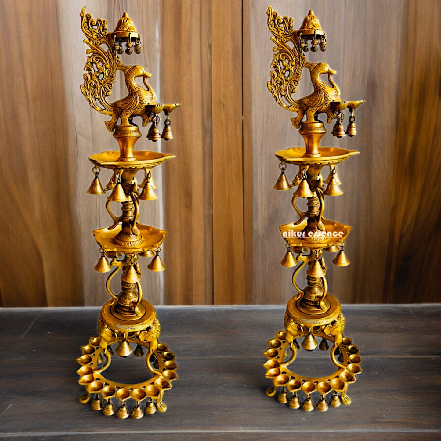 Solid Brass Pair Peacock Diya Lamp set with Bells- 41 inches Nikuressence