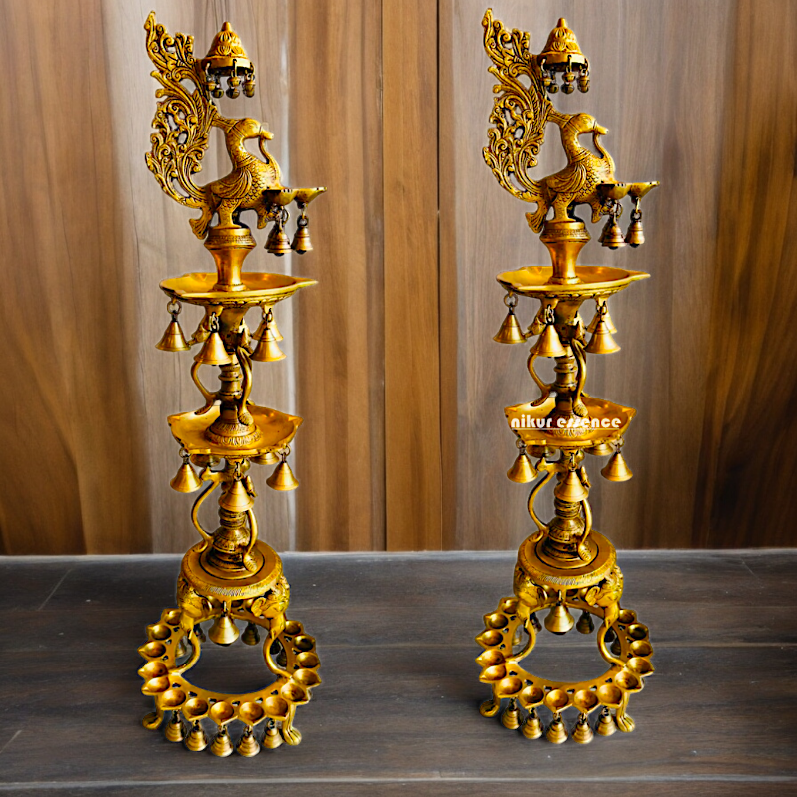 Solid Brass Pair Peacock Diya Lamp set with Bells- 41 inches Nikuressence