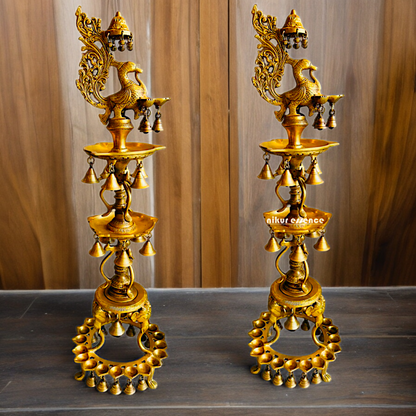 Solid Brass Pair Peacock Diya Lamp set with Bells- 41 inches Nikuressence