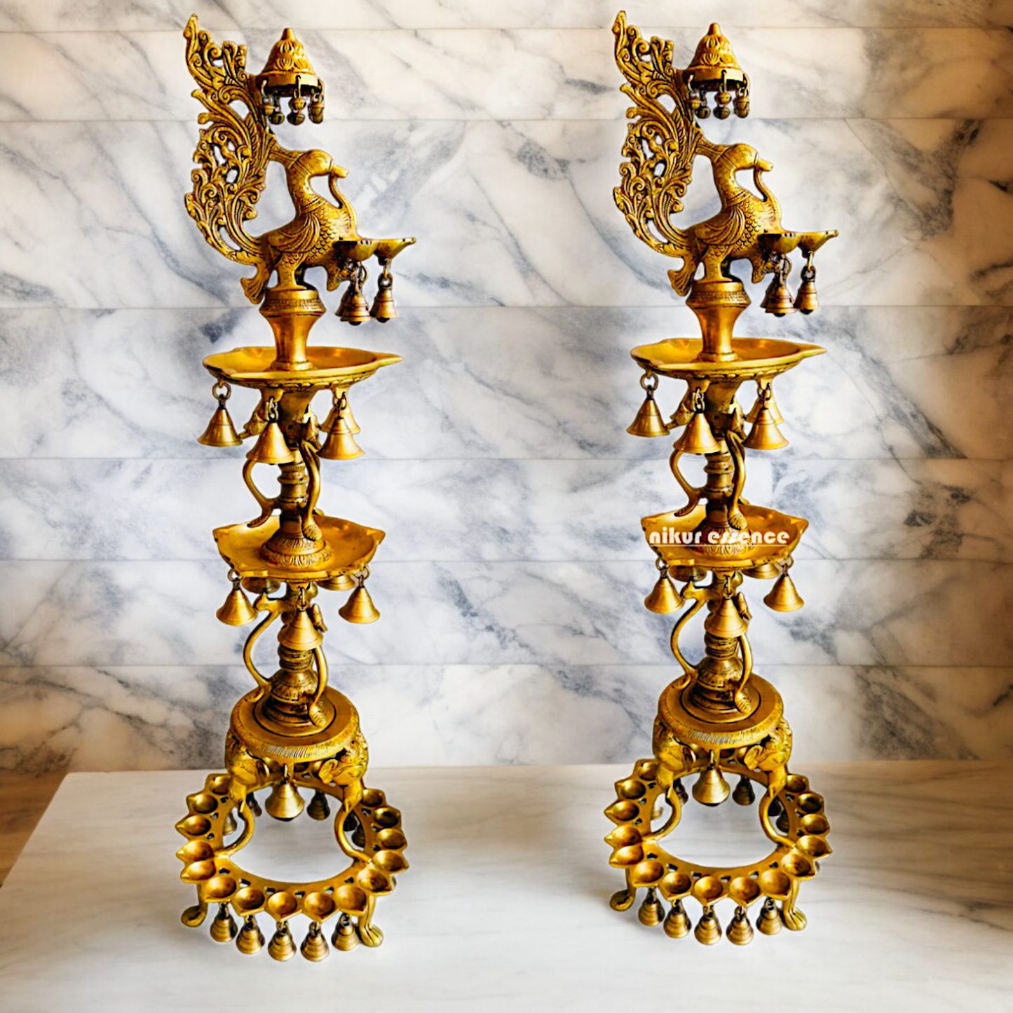 Solid Brass Pair Peacock Diya Lamp set with Bells- 41 inches Nikuressence