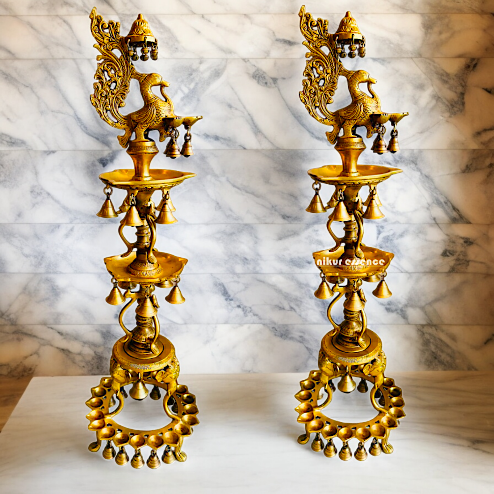 Solid Brass Pair Peacock Diya Lamp set with Bells- 41 inches Nikuressence