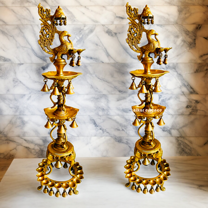 Solid Brass Pair Peacock Diya Lamp set with Bells- 41 inches Nikuressence