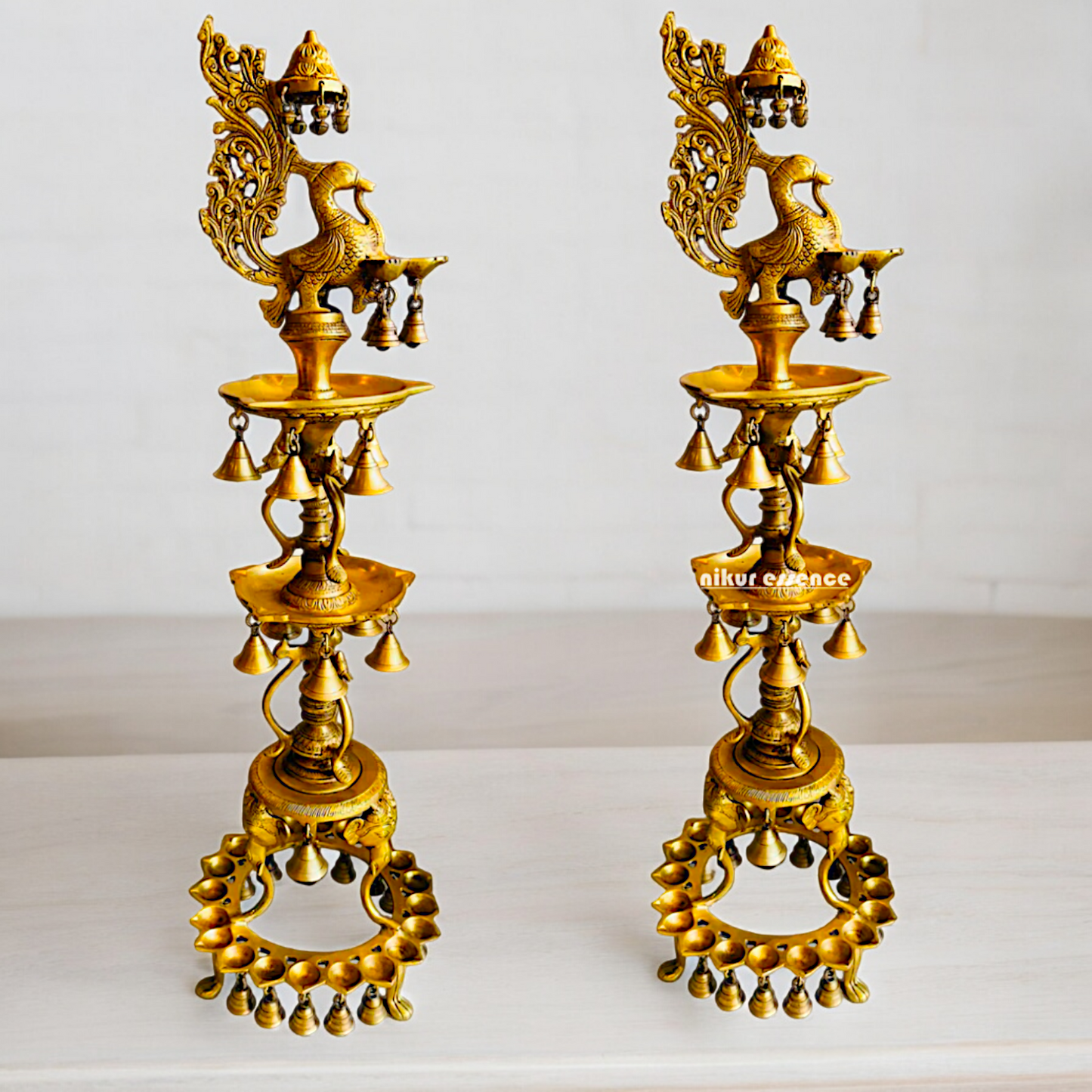 Solid Brass Pair Peacock Diya Lamp set with Bells- 41 inches Nikuressence