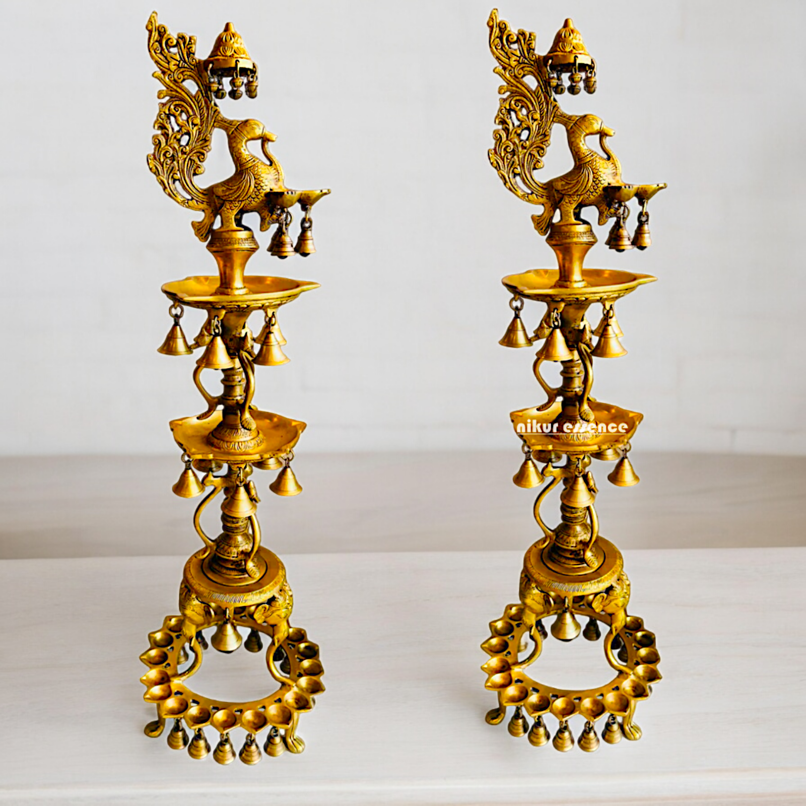 Solid Brass Pair Peacock Diya Lamp set with Bells- 41 inches Nikuressence