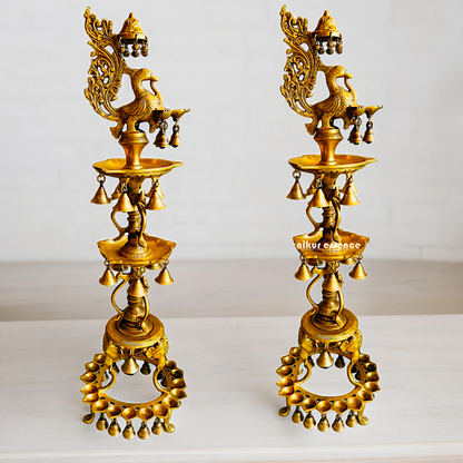 Solid Brass Pair Peacock Diya Lamp set with Bells- 41 inches Nikuressence