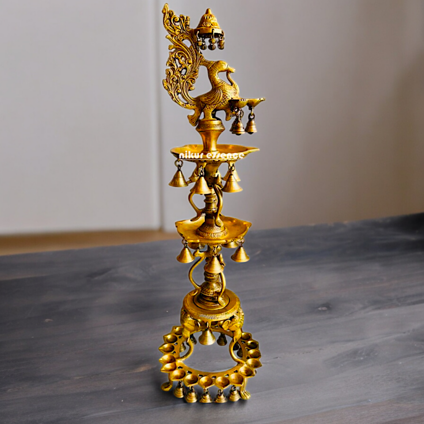 Solid Brass Pair Peacock Diya Lamp set with Bells- 41 inches Nikuressence