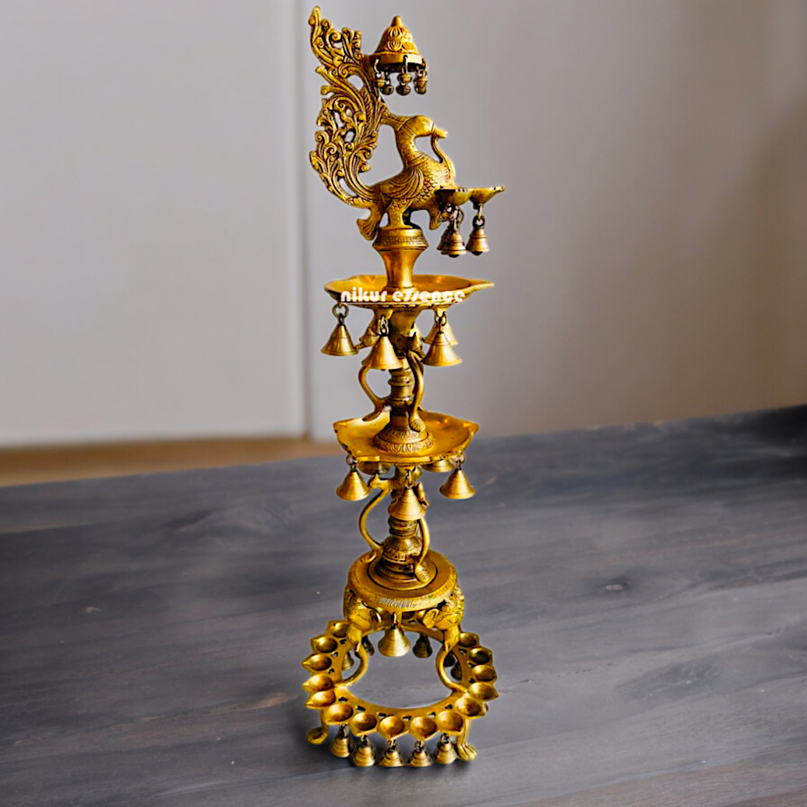 Solid Brass Pair Peacock Diya Lamp set with Bells- 41 inches Nikuressence
