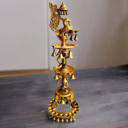 Solid Brass Pair Peacock Diya Lamp set with Bells- 41 inches Nikuressence