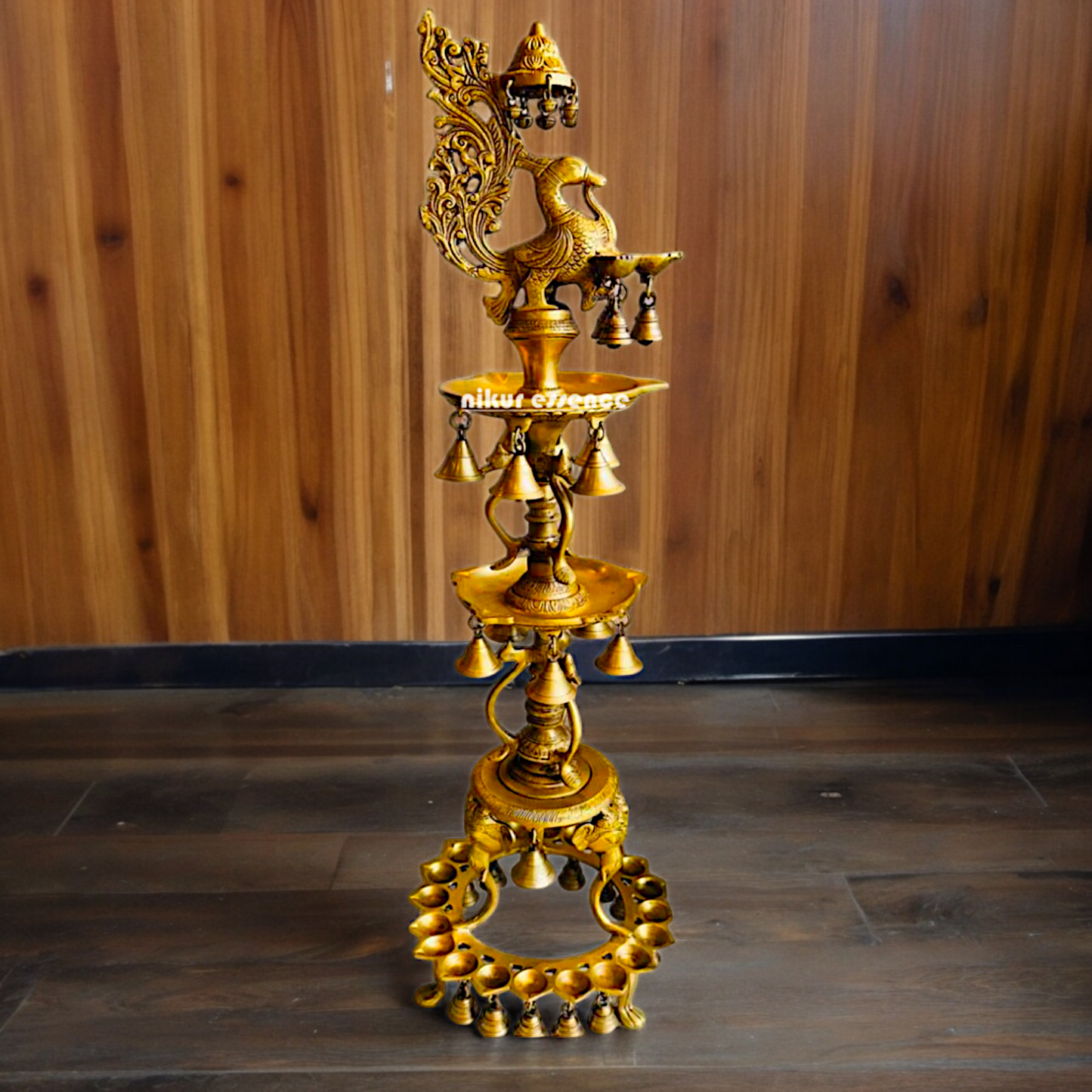 Solid Brass Pair Peacock Diya Lamp set with Bells- 41 inches Nikuressence