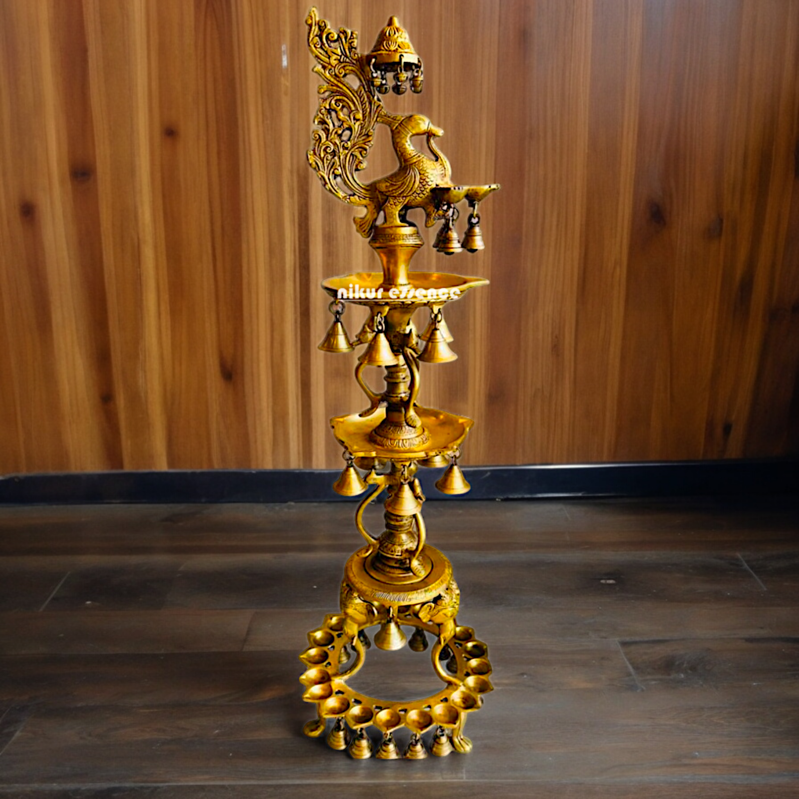 Solid Brass Pair Peacock Diya Lamp set with Bells- 41 inches Nikuressence