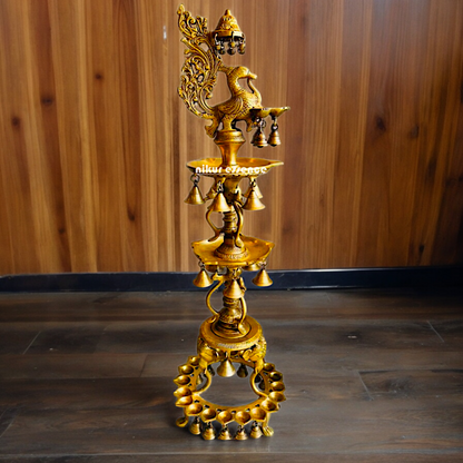 Solid Brass Pair Peacock Diya Lamp set with Bells- 41 inches Nikuressence