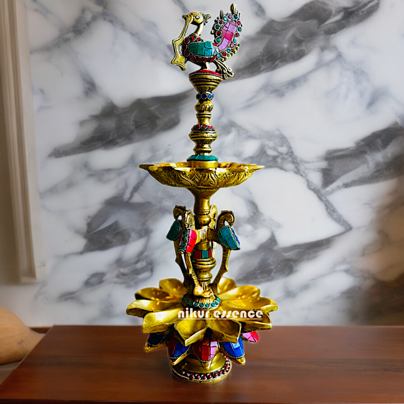 Shop Brass Peacock Diya with Stone Work - 19 inches Nikuressence