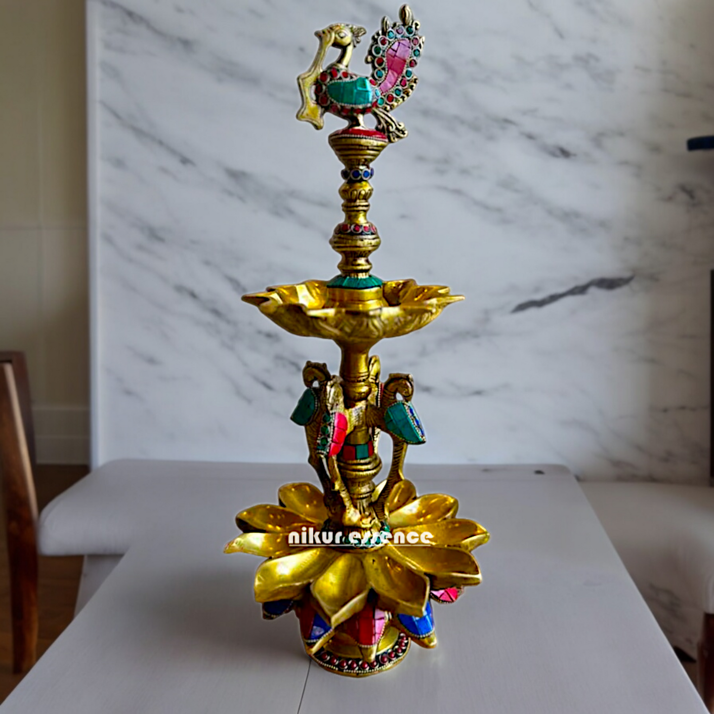Shop Brass Peacock Diya with Stone Work - 19 inches Nikuressence