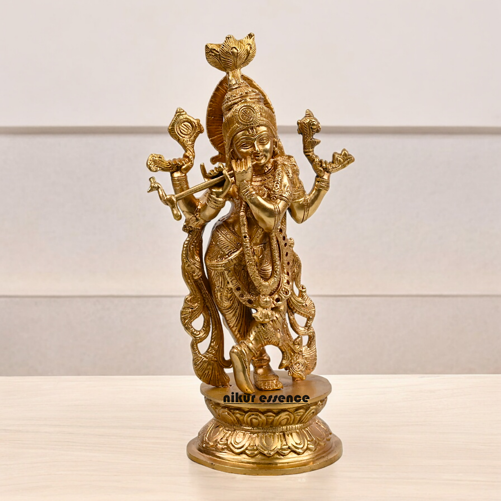 Solid Brass Krishna murli with Playing Flute Idol - 11.811 inches Nikuressence