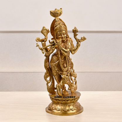 Solid Brass Krishna murli with Playing Flute Idol - 11.811 inches Nikuressence