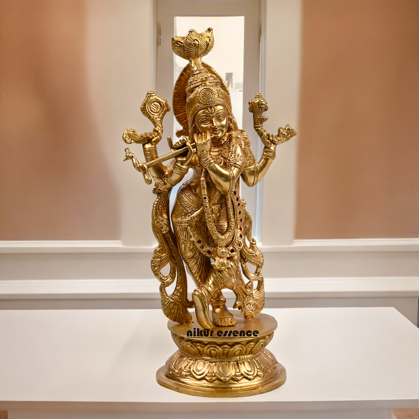 Solid Brass Krishna murli with Playing Flute Idol - 11.811 inches Nikuressence