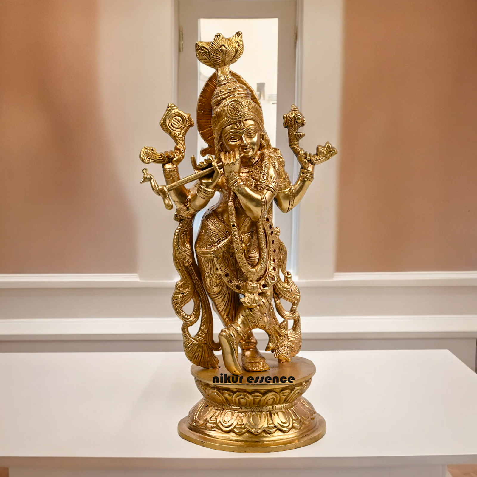 Solid Brass Krishna murli with Playing Flute Idol - 11.811 inches Nikuressence