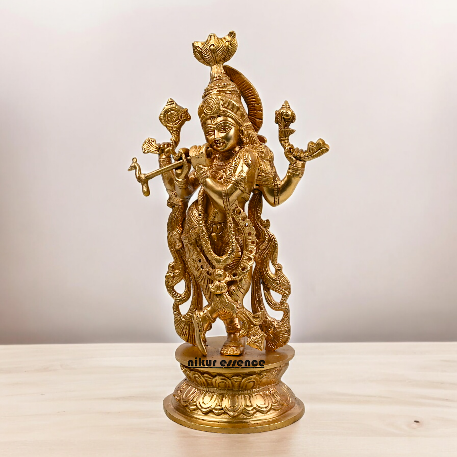 Solid Brass Krishna murli with Playing Flute Idol - 11.811 inches Nikuressence