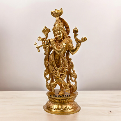 Solid Brass Krishna murli with Playing Flute Idol - 11.811 inches Nikuressence