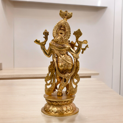 Solid Brass Krishna murli with Playing Flute Idol - 11.811 inches Nikuressence