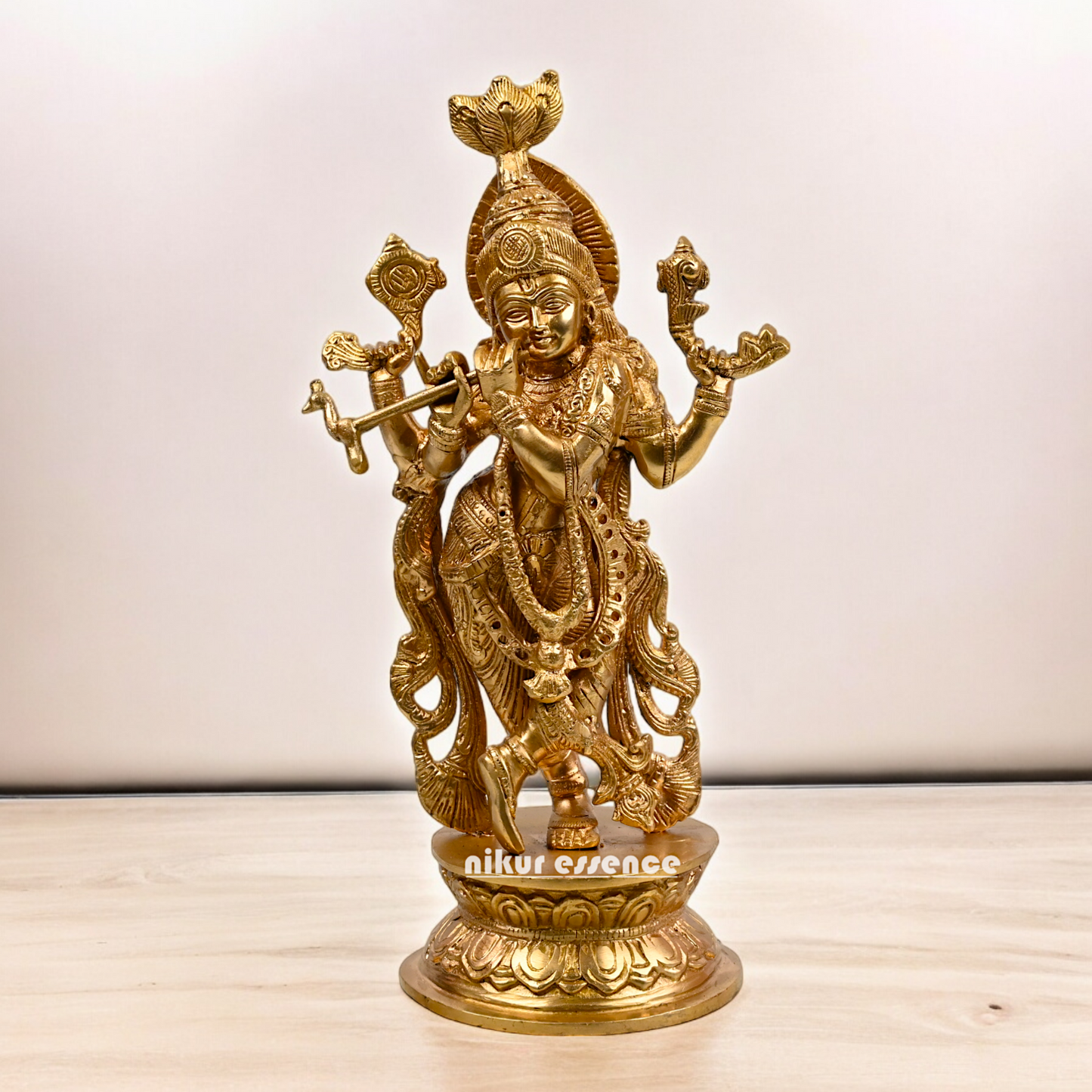 Solid Brass Krishna murli with Playing Flute Idol - 11.811 inches Nikuressence